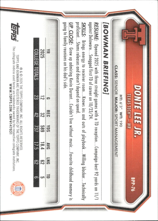 Donte Lee Jr. card back