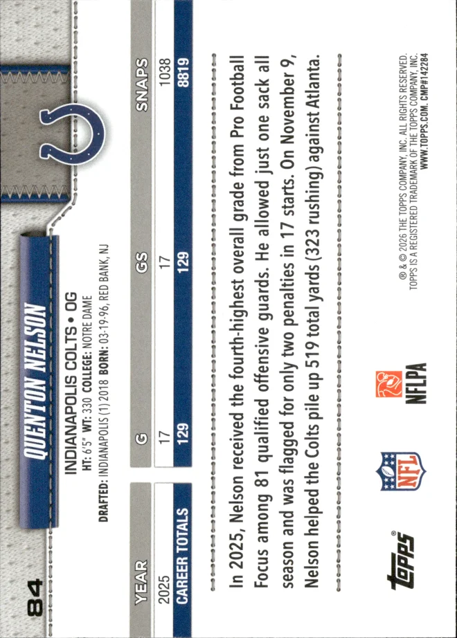 Quenton Nelson card back