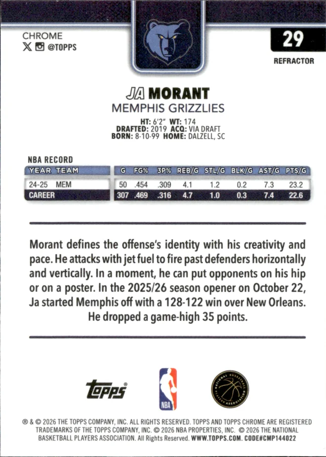 Ja Morant card back