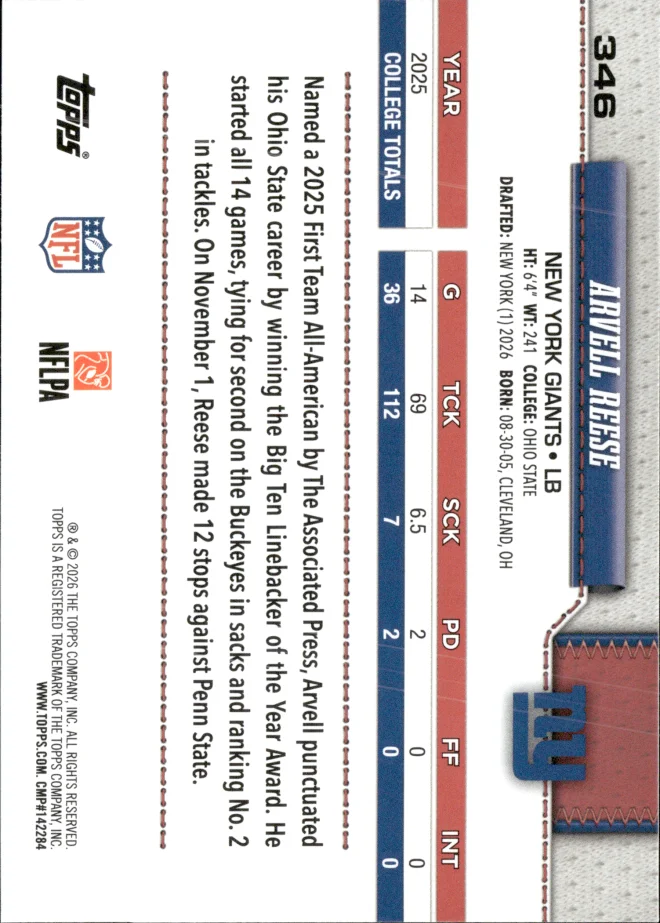 Arvell Reese card back