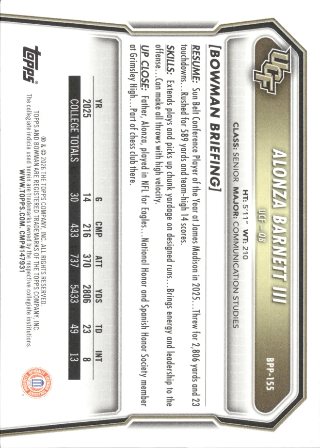 Alonza Barnett III card back