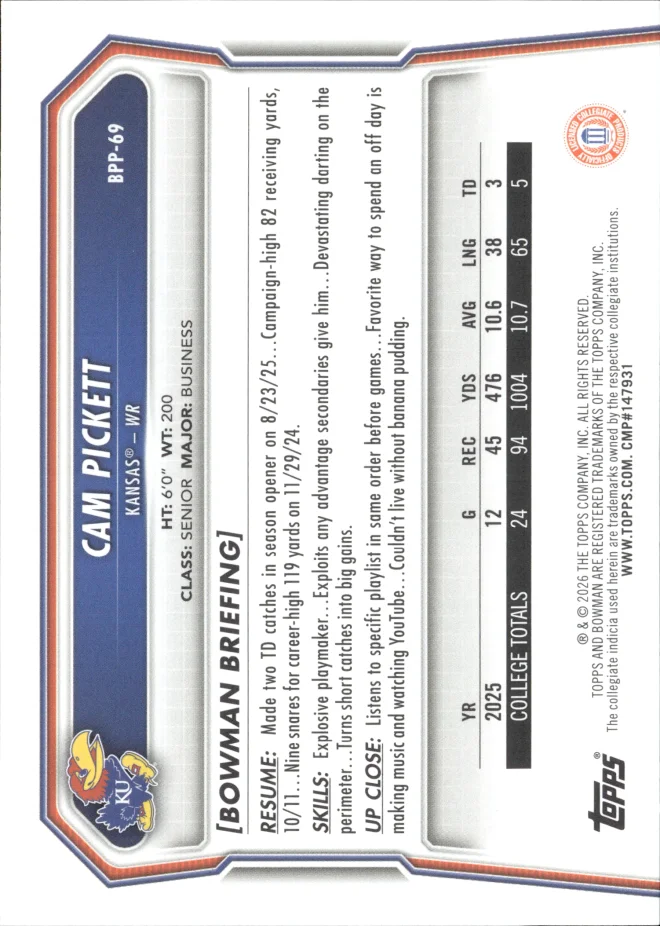 Cam Pickett card back