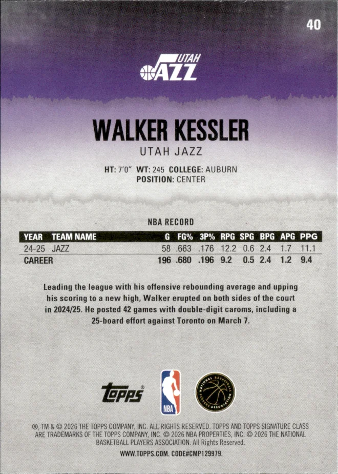 Walker Kessler card back