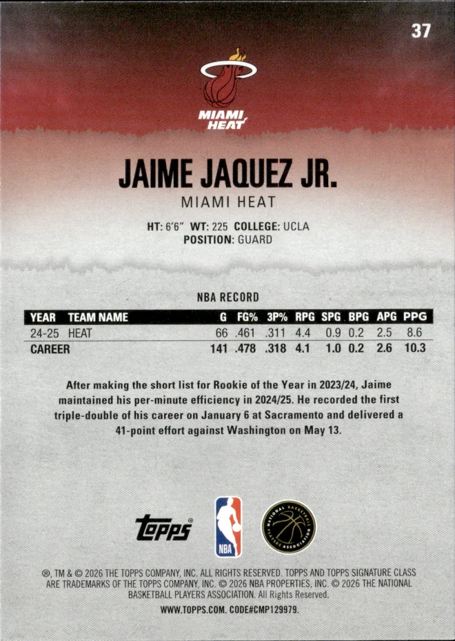 Jaime Jaquez Jr. card back