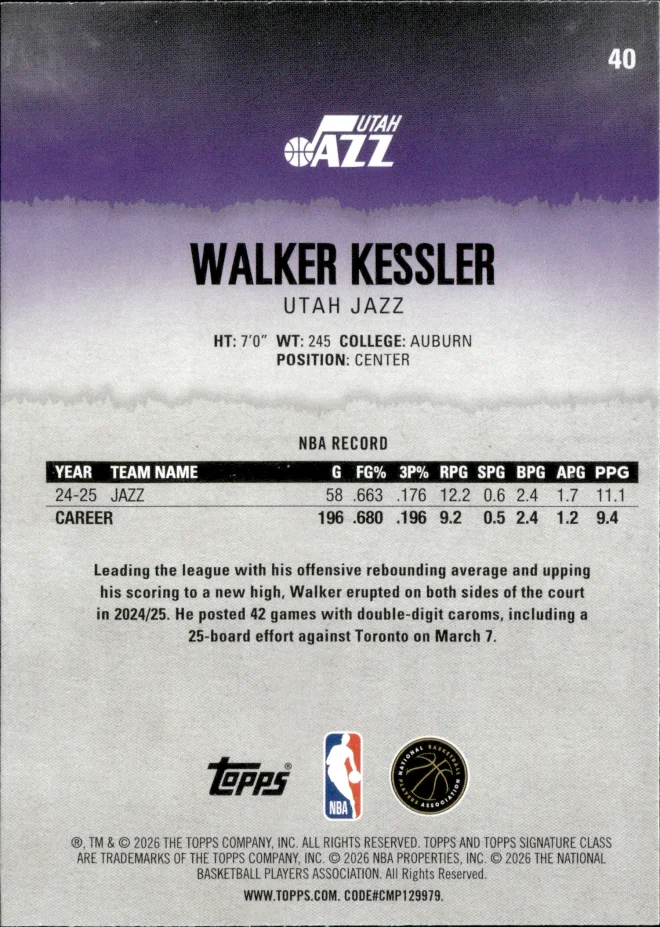 Walker Kessler card back
