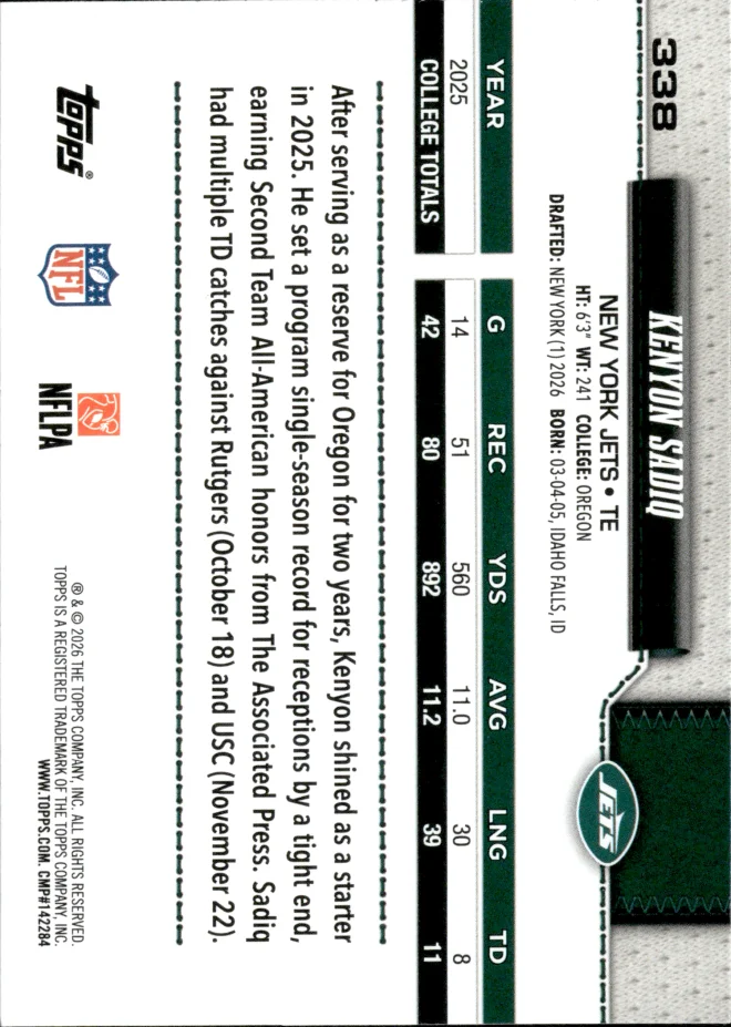 Kenyon Sadiq card back