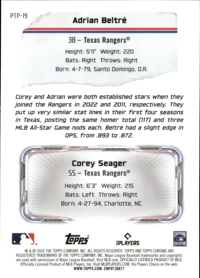 Adrian Beltré / Corey Seager card back
