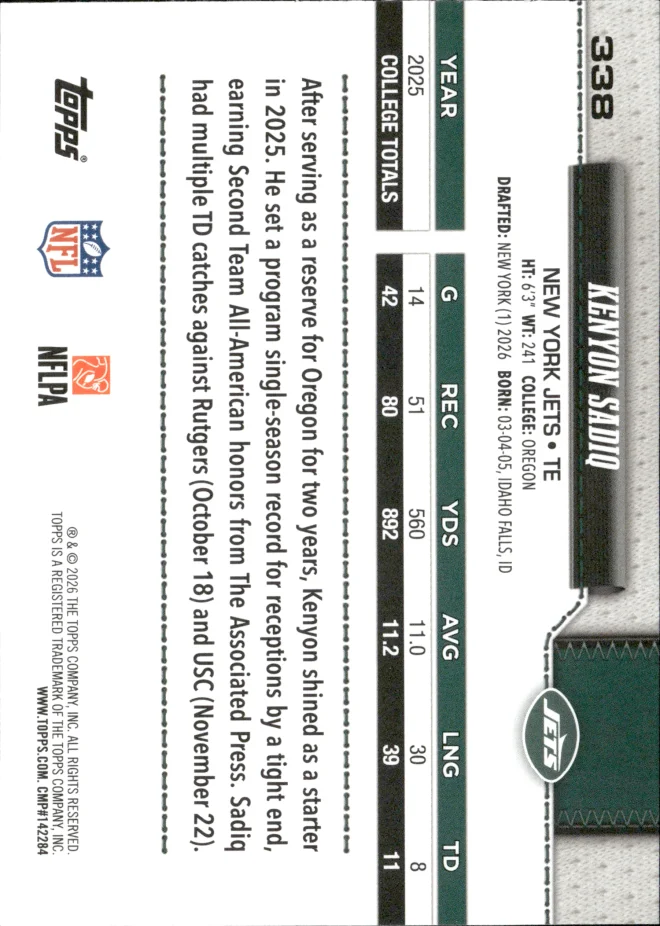 Kenyon Sadiq card back