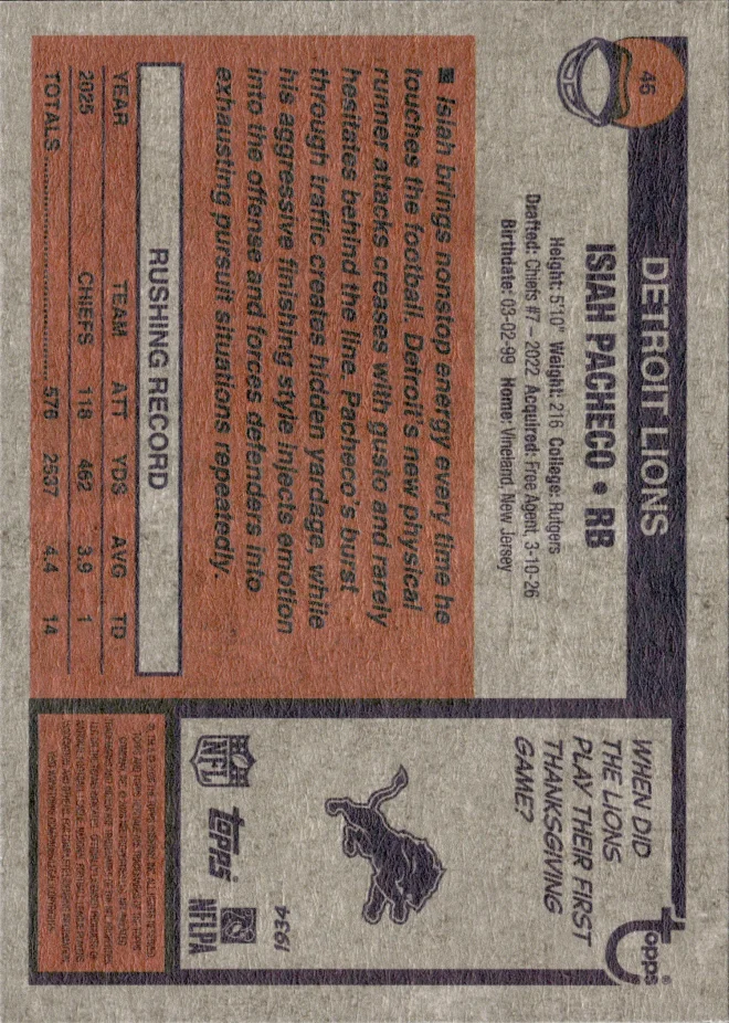 Isiah Pacheco card back