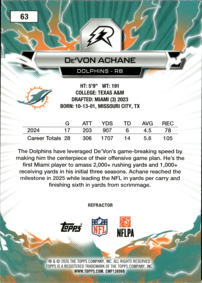 De'Von Achane card back