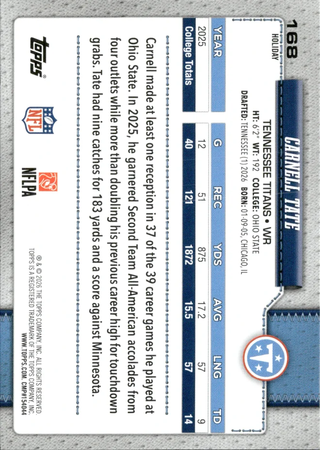 Carnell Tate card back