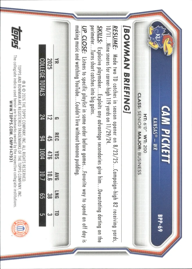Cam Pickett card back