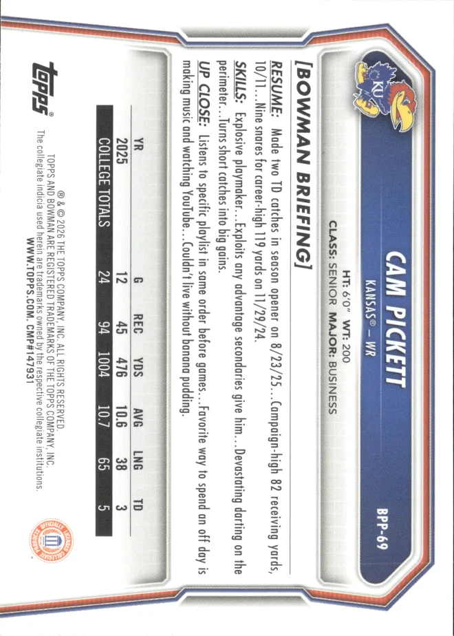 Cam Pickett card back