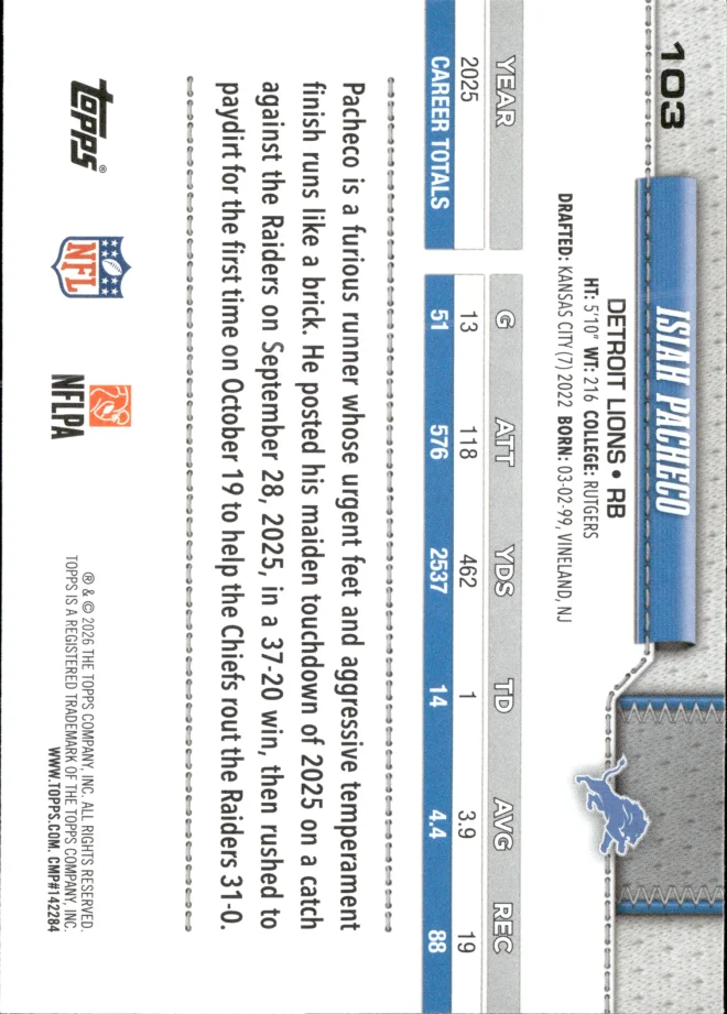 Isiah Pacheco card back