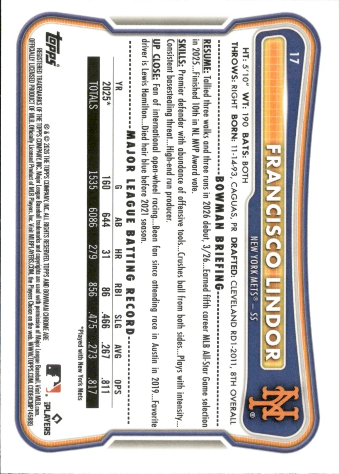 Francisco Lindor card back
