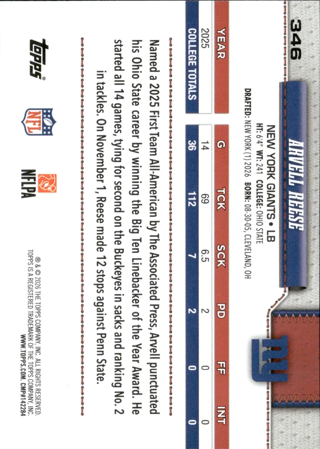 Arvell Reese card back