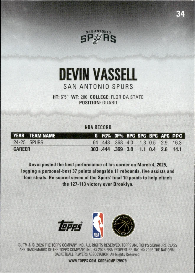 Devin Vassell card back