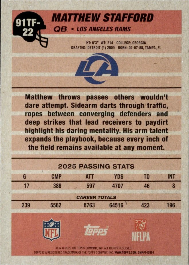 Matthew Stafford card back
