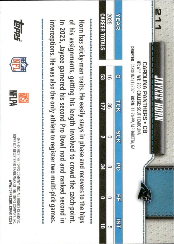Jaycee Horn card back