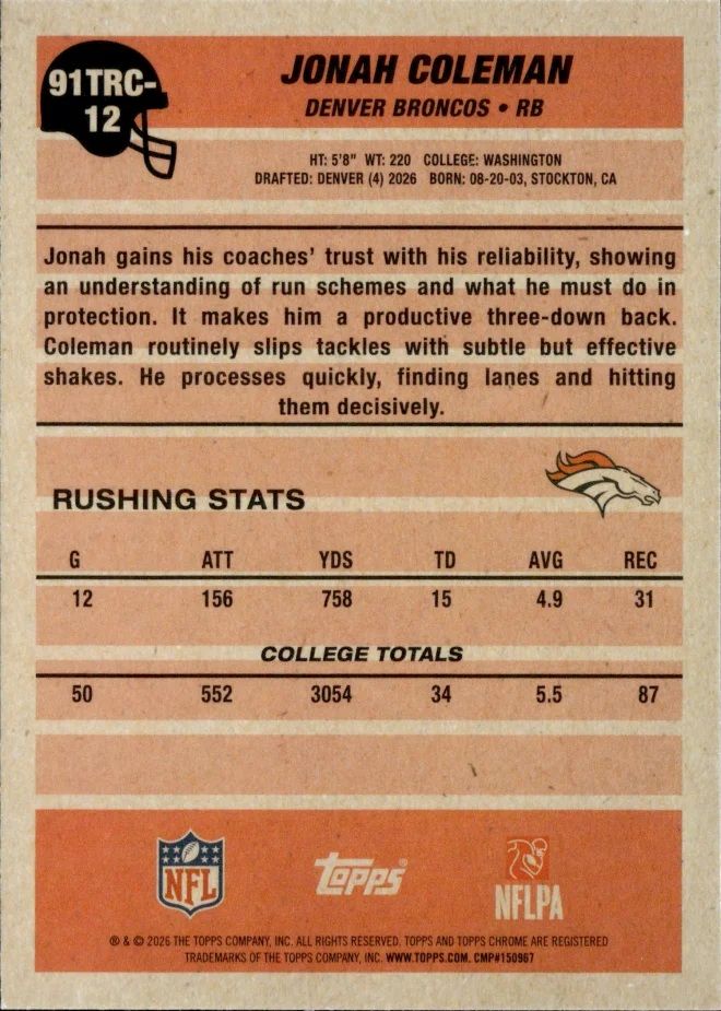 Jonah Coleman card back