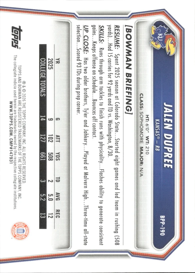 Jalen Dupree card back