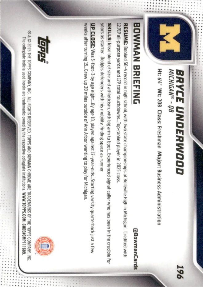 Bryce Underwood card back