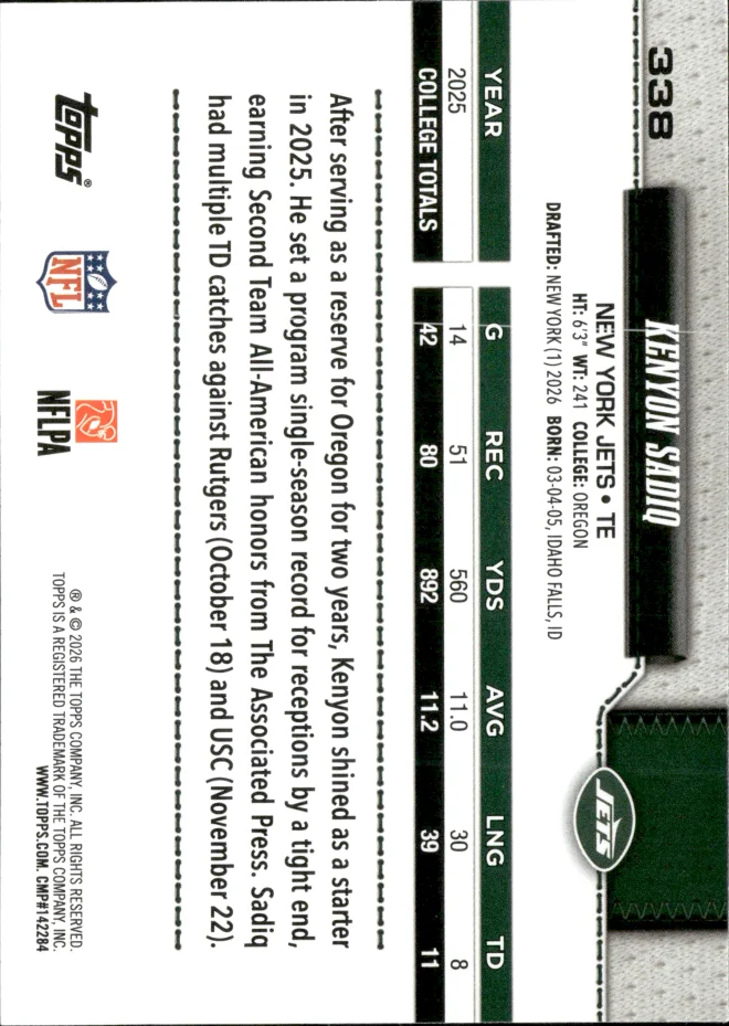 Kenyon Sadiq card back