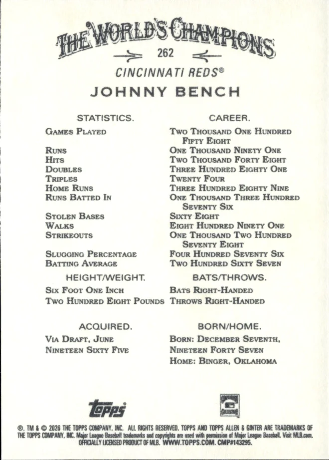 Johnny Bench card back