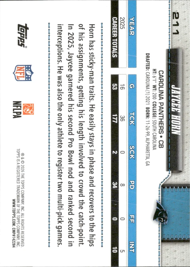 Jaycee Horn card back