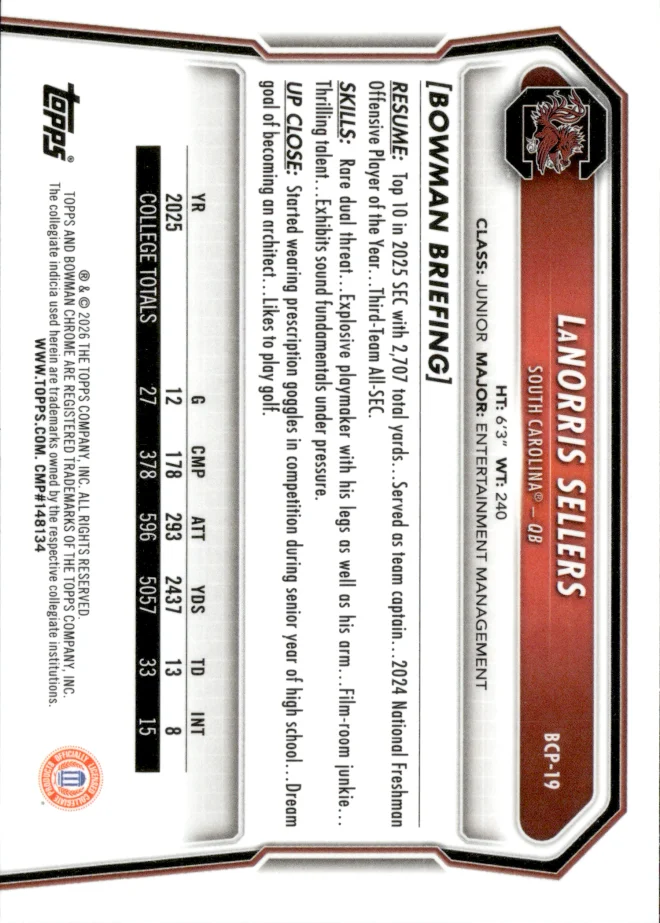 LaNorris Sellers card back