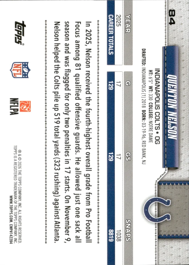 Quenton Nelson card back