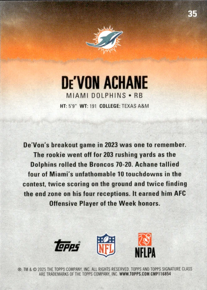 De'Von Achane card back