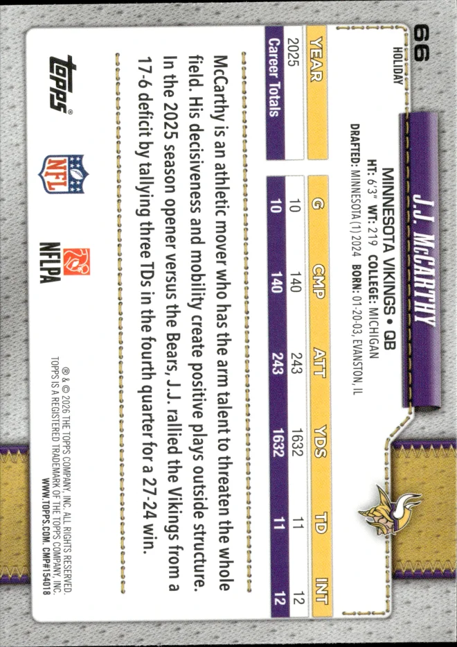 J.J. McCarthy card back