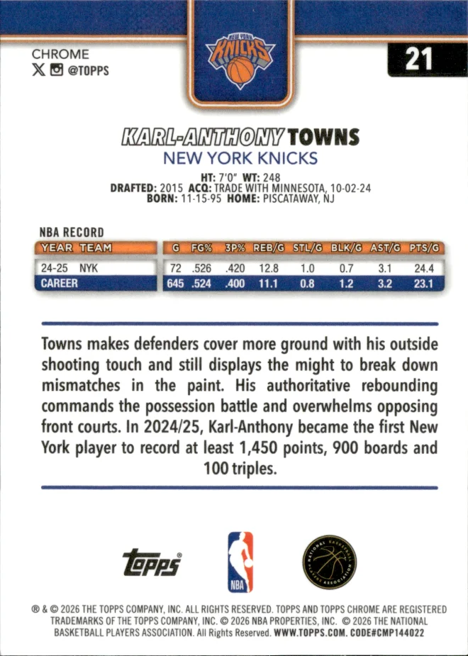 Karl-Anthony Towns card back
