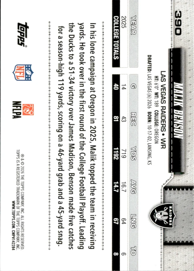 Malik Benson card back