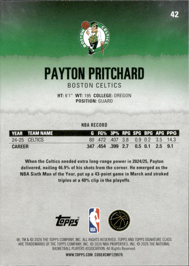 Payton Pritchard card back