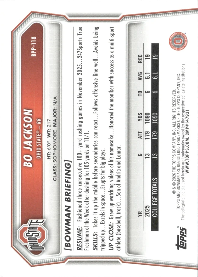 Bo Jackson card back