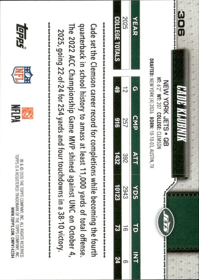Cade Klubnik card back
