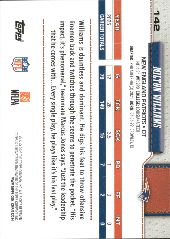 Milton Williams card back