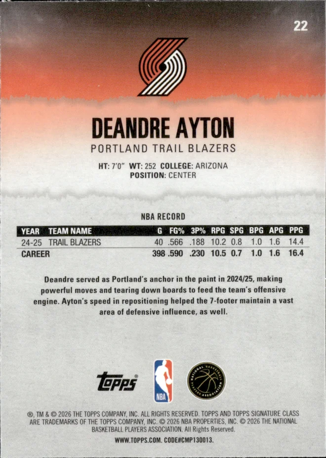 Deandre Ayton card back