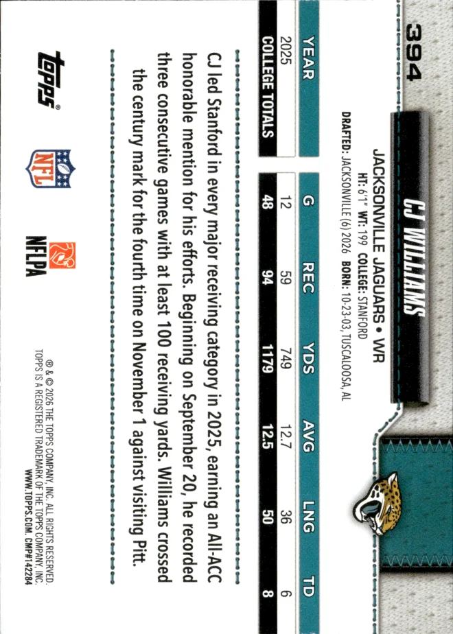 CJ Williams card back