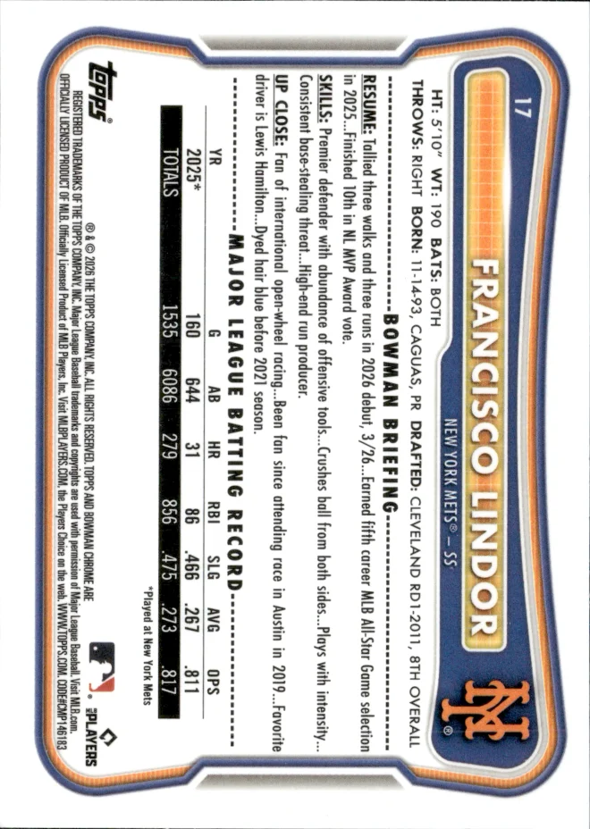 Francisco Lindor card back