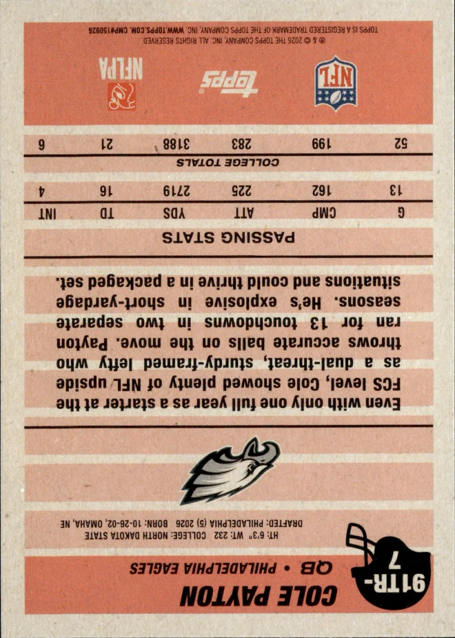 Cole Payton card back