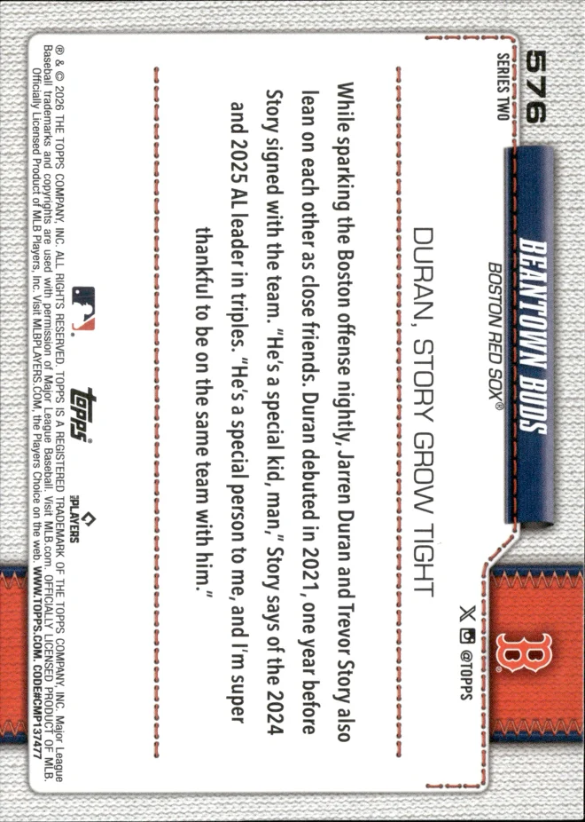 Jarren Duran / Trevor Story card back
