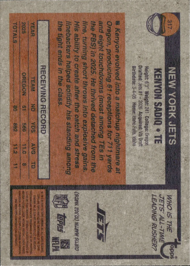 Kenyon Sadiq card back