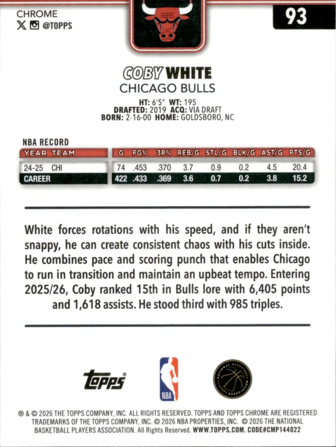 Coby White card back