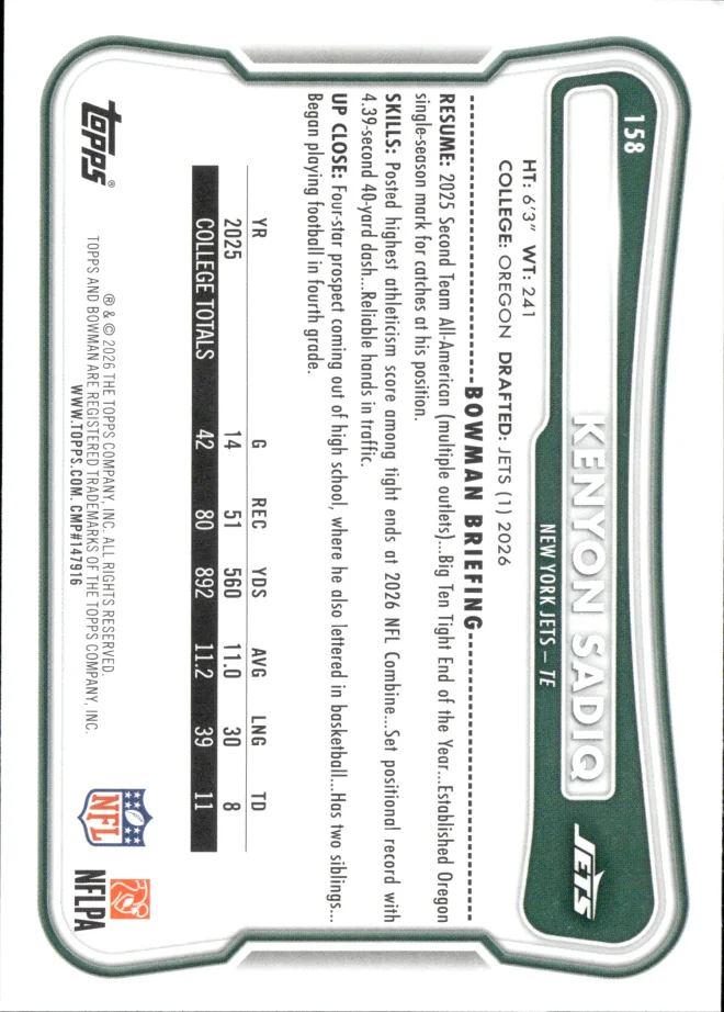 Kenyon Sadiq card back