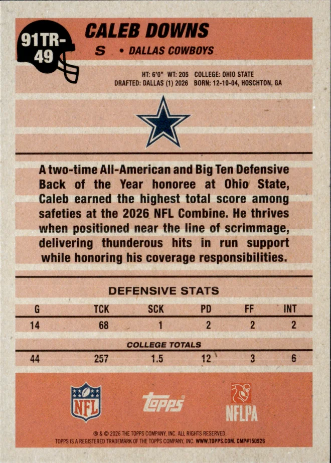 Caleb Downs card back