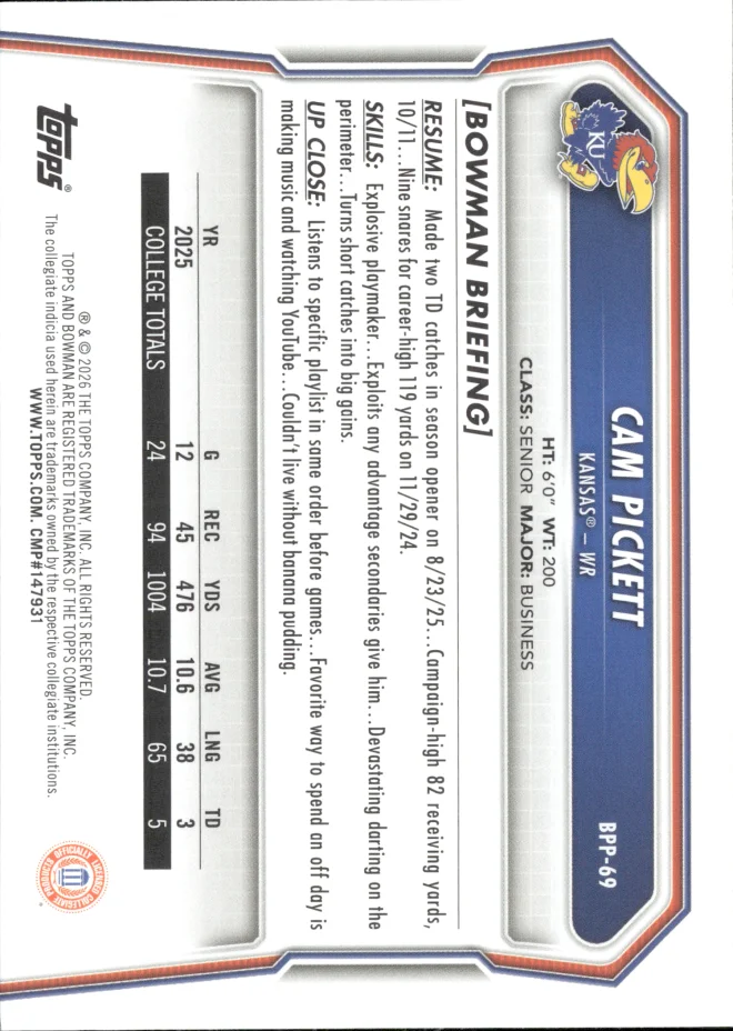 Cam Pickett card back