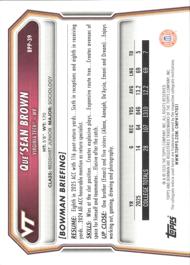 Que'Sean Brown card back